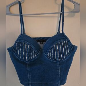 Haute Monde Denim Jean Rhinestone Crop Top Bustier Bling